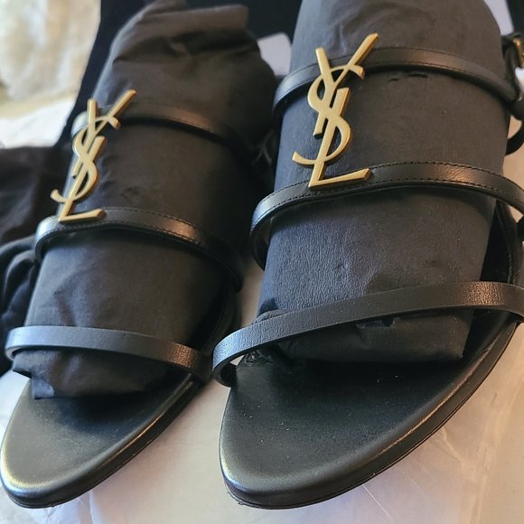 YSL Saint Laurent Cassandra Flat Leather Sandal Black With Gold Ysl LogoSz 39.5 - Picture 7 of 16